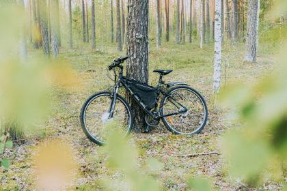 Electric bicycle leaning against a tree in a serene forest setting, showcasing nature's tranquility.